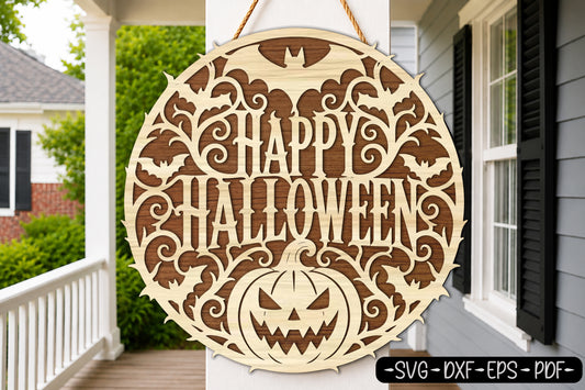 Happy Halloween Door Hanger Laser Cut SVG | Pumpkin Bat