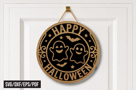 Happy Halloween Ghost Round Door Hanger SVG