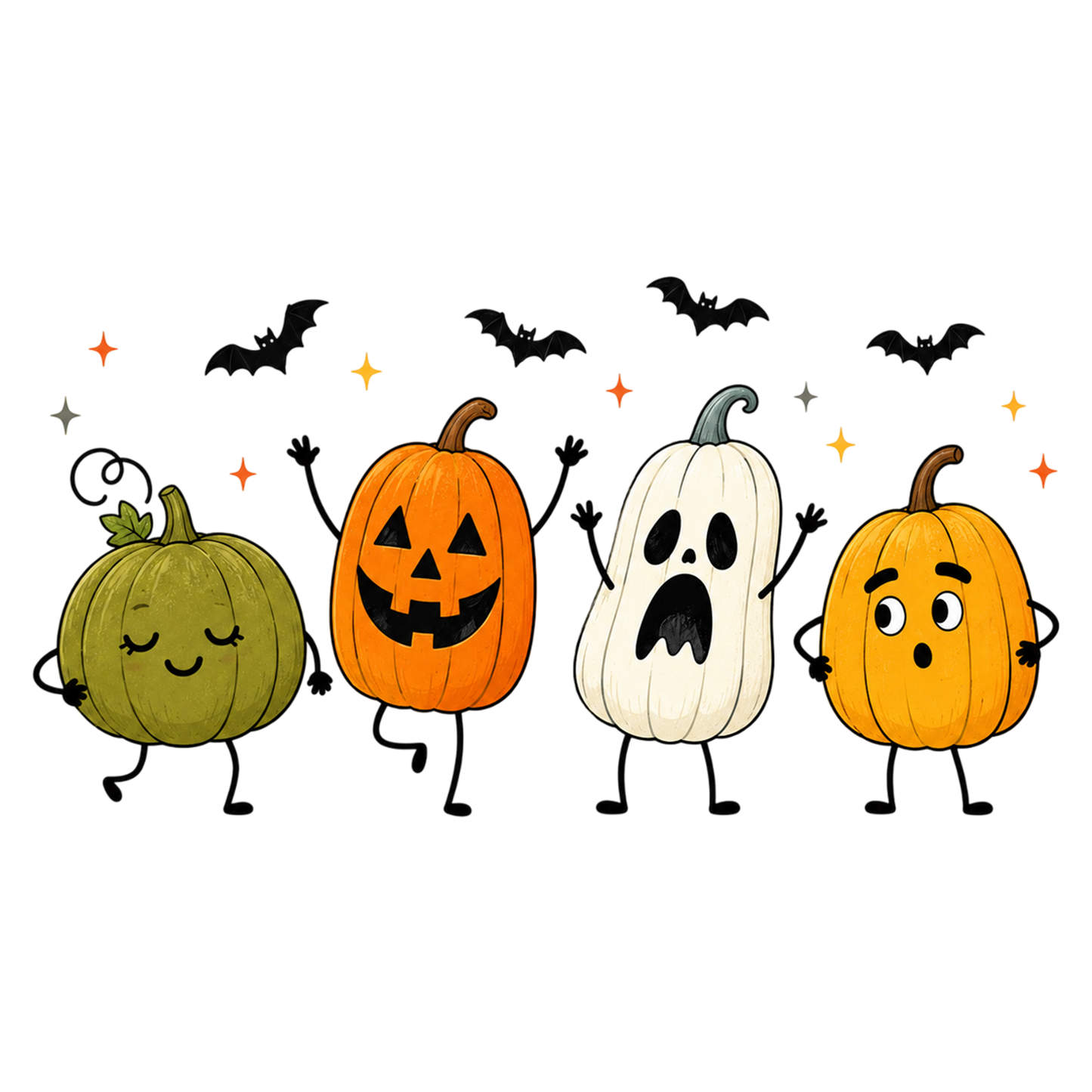 Happy Halloween Pumpkin PNG | Cute Pumpkin Ghost Bat Doodle Clipart | Spooky Fall Halloween Graphic