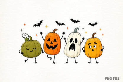 Happy Halloween Pumpkin PNG | Cute Pumpkin Ghost Bat Doodle Clipart | Spooky Fall Halloween Graphic