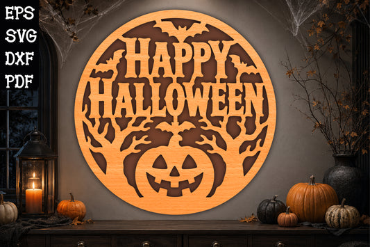 Happy Halloween Pumpkin and Bats Laser Cut SVG