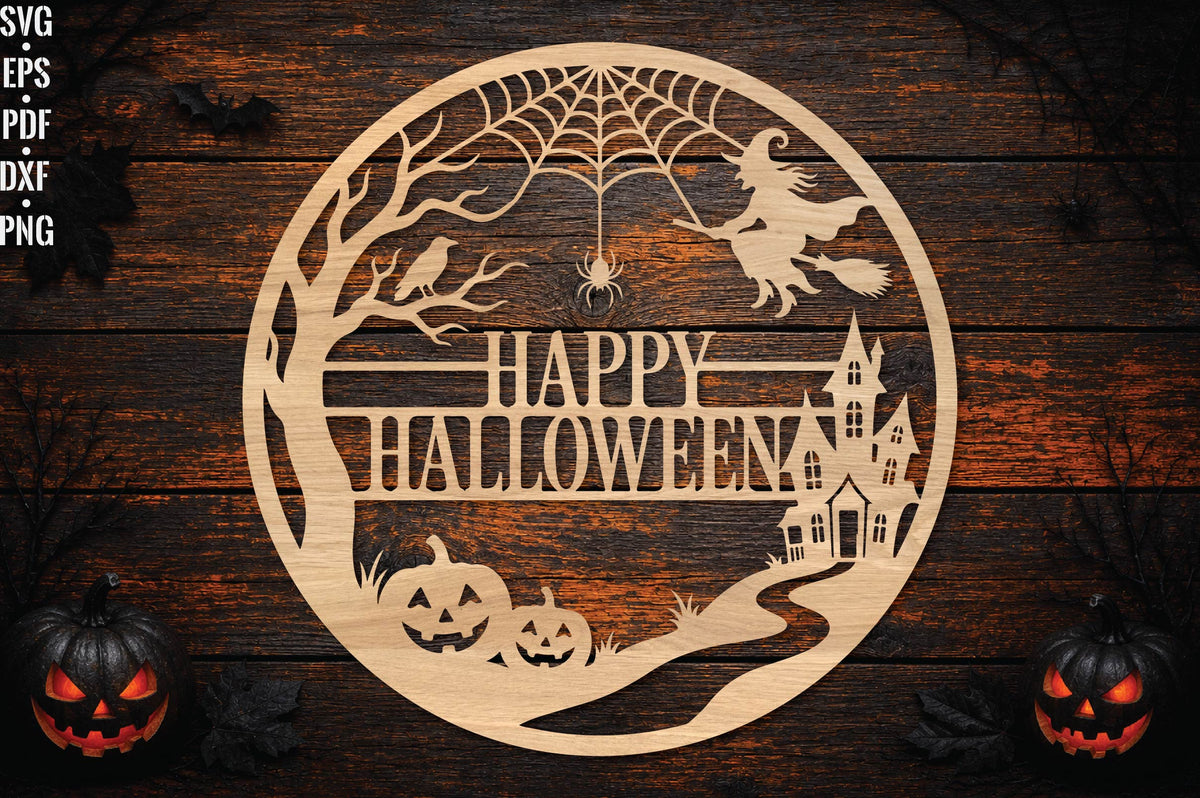Happy Halloween Round Laser Cut SVG, Witch Spider Web Pumpkin Haunted House Cut File