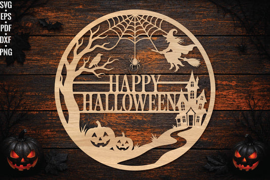 Happy Halloween Round Laser Cut SVG, Witch Spider Web Pumpkin Haunted House Cut File