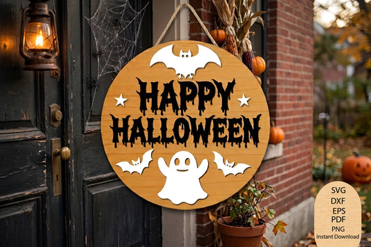 Happy Halloween Round Sign Laser Cut SVG, Halloween Round Door Sign Cut File, Spooky Wall Decor SVG