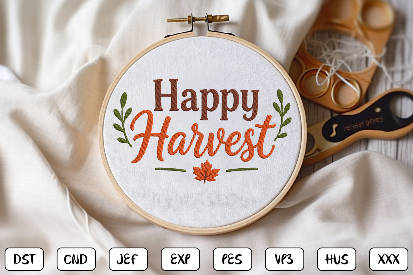Happy Harvest Embroidery Design, Fall Harvest Machine Embroidery Pattern, Autumn Script Embroidery Design