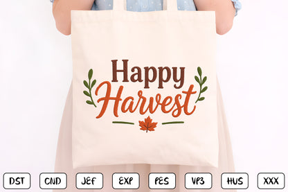 Happy Harvest Embroidery Design, Fall Harvest Machine Embroidery Pattern, Autumn Script Embroidery Design