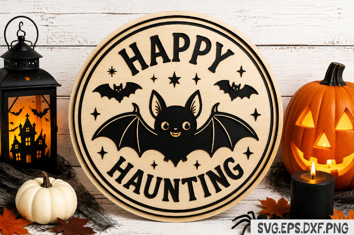 Happy Haunting Bat Halloween Round Sign SVG