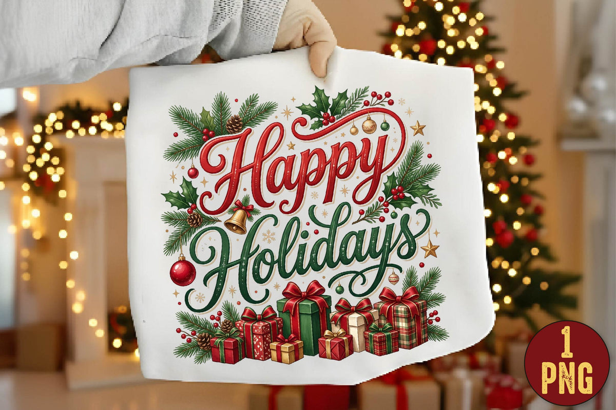 Happy Holidays Christmas PNG, Christmas Gift Clipart, Holiday Sublimation Design