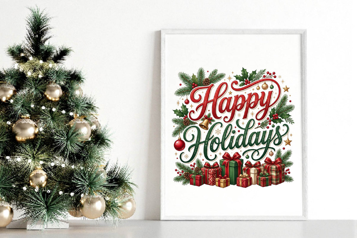 Happy Holidays Christmas PNG, Christmas Gift Clipart, Holiday Sublimation Design