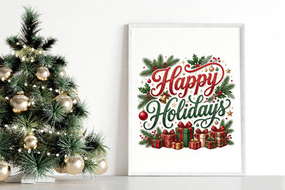 Happy Holidays Christmas PNG, Christmas Gift Clipart, Holiday Sublimation Design
