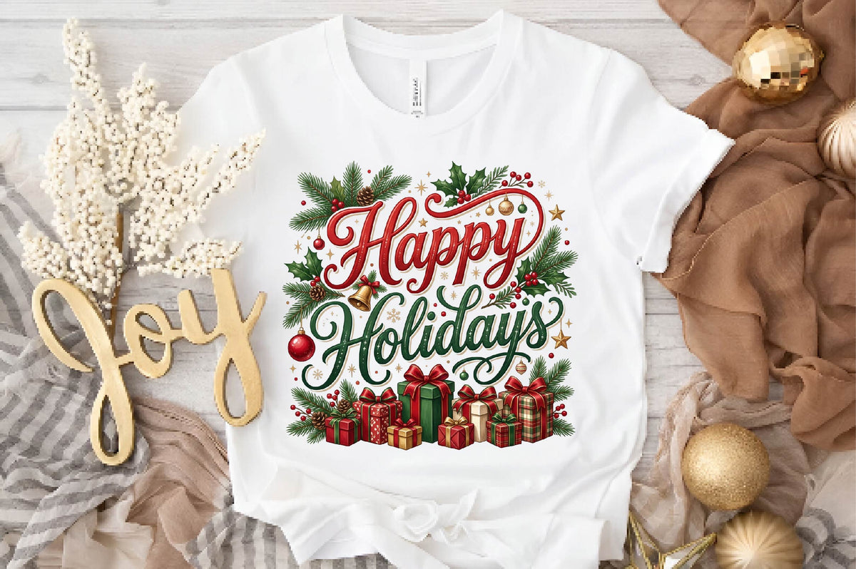 Happy Holidays Christmas PNG, Christmas Gift Clipart, Holiday Sublimation Design