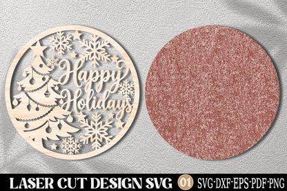 Happy Holidays Christmas Laser Cut SVG | Christmas Tree Snowflake Ornament