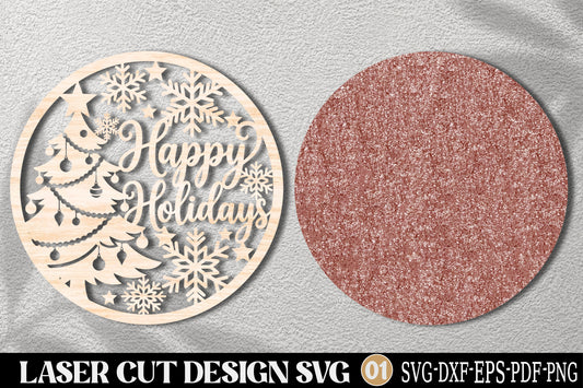 Happy Holidays Christmas Laser Cut SVG | Christmas Tree Snowflake Ornament