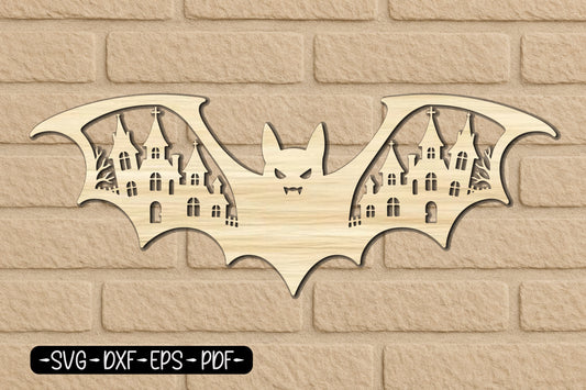 Haunted Bat Castle SVG | Halloween Bat Laser Cut SVG