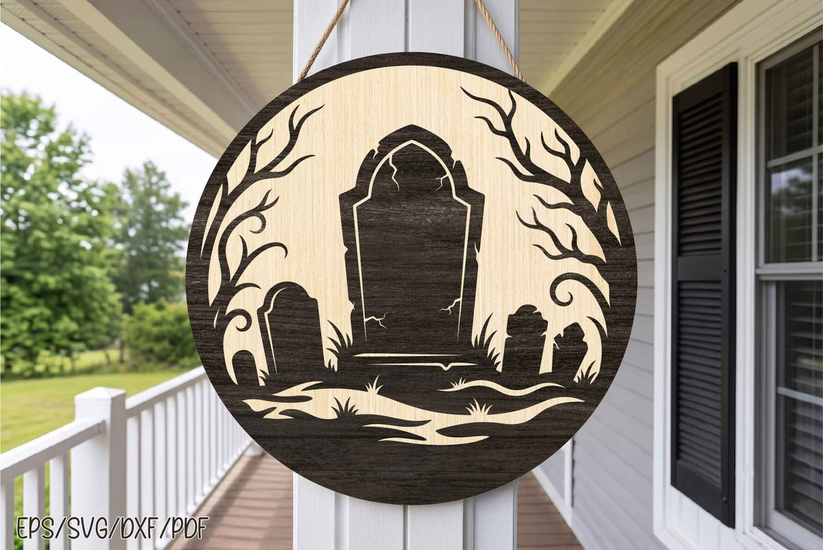 Haunted Graveyard Round Sign Laser Cut SVG