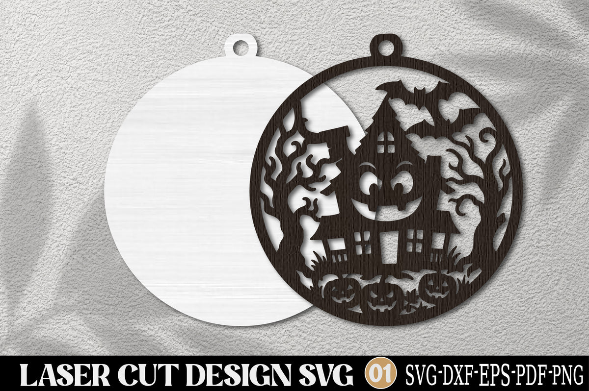 Haunted Halloween House Laser Cut SVG | Spooky Haunted Cottage Pumpkin Bat Halloween Ornament
