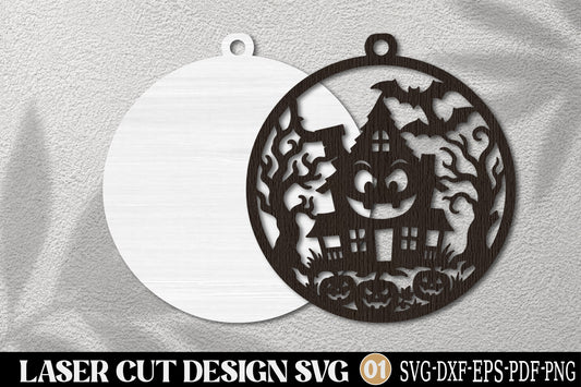 Haunted Halloween House Laser Cut SVG | Spooky Haunted Cottage Pumpkin Bat Halloween Ornament