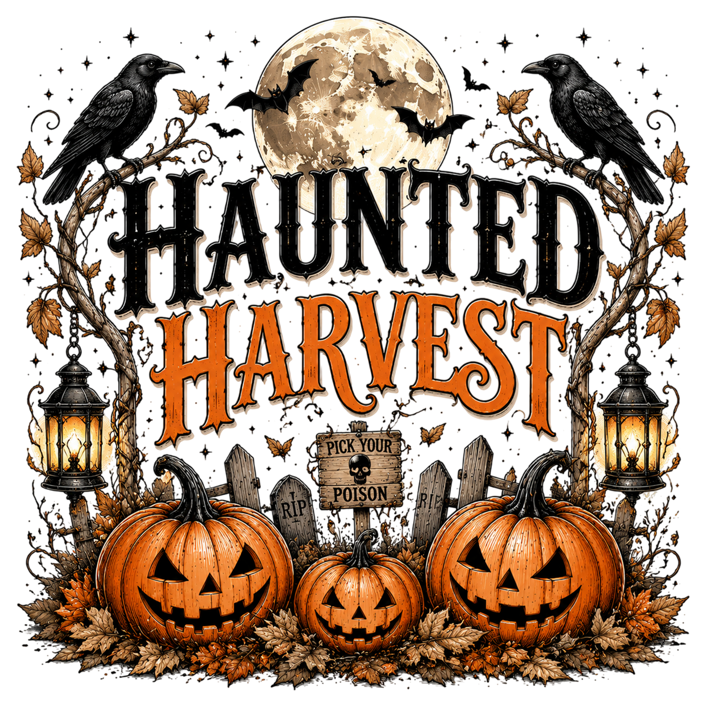 Haunted Harvest PNG | Halloween Pumpkin Crow Graveyard Sublimation Design | Spooky Fall Autumn PNG