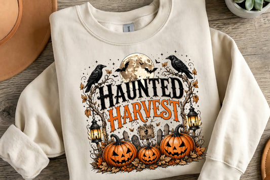 Haunted Harvest PNG | Halloween Pumpkin Crow Graveyard Sublimation Design | Spooky Fall Autumn PNG