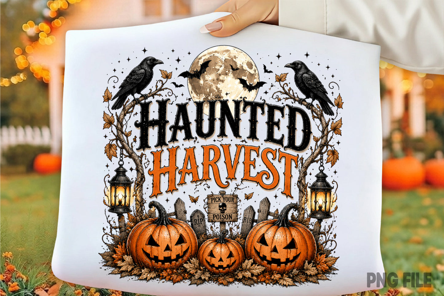 Haunted Harvest PNG | Halloween Pumpkin Crow Graveyard Sublimation Design | Spooky Fall Autumn PNG