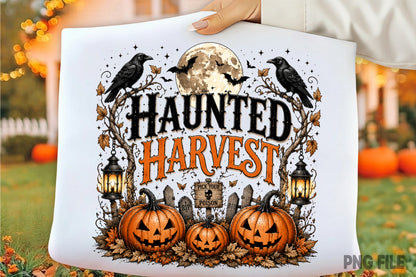 Haunted Harvest PNG | Halloween Pumpkin Crow Graveyard Sublimation Design | Spooky Fall Autumn PNG