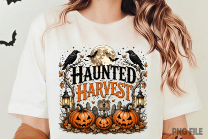 Haunted Harvest PNG | Halloween Pumpkin Crow Graveyard Sublimation Design | Spooky Fall Autumn PNG