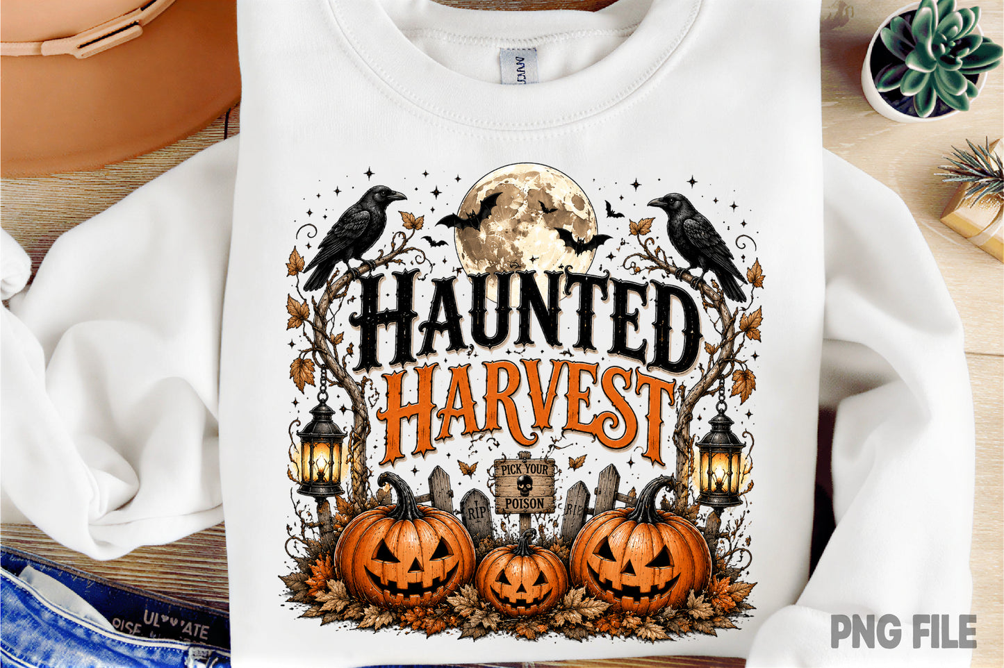 Haunted Harvest PNG | Halloween Pumpkin Crow Graveyard Sublimation Design | Spooky Fall Autumn PNG
