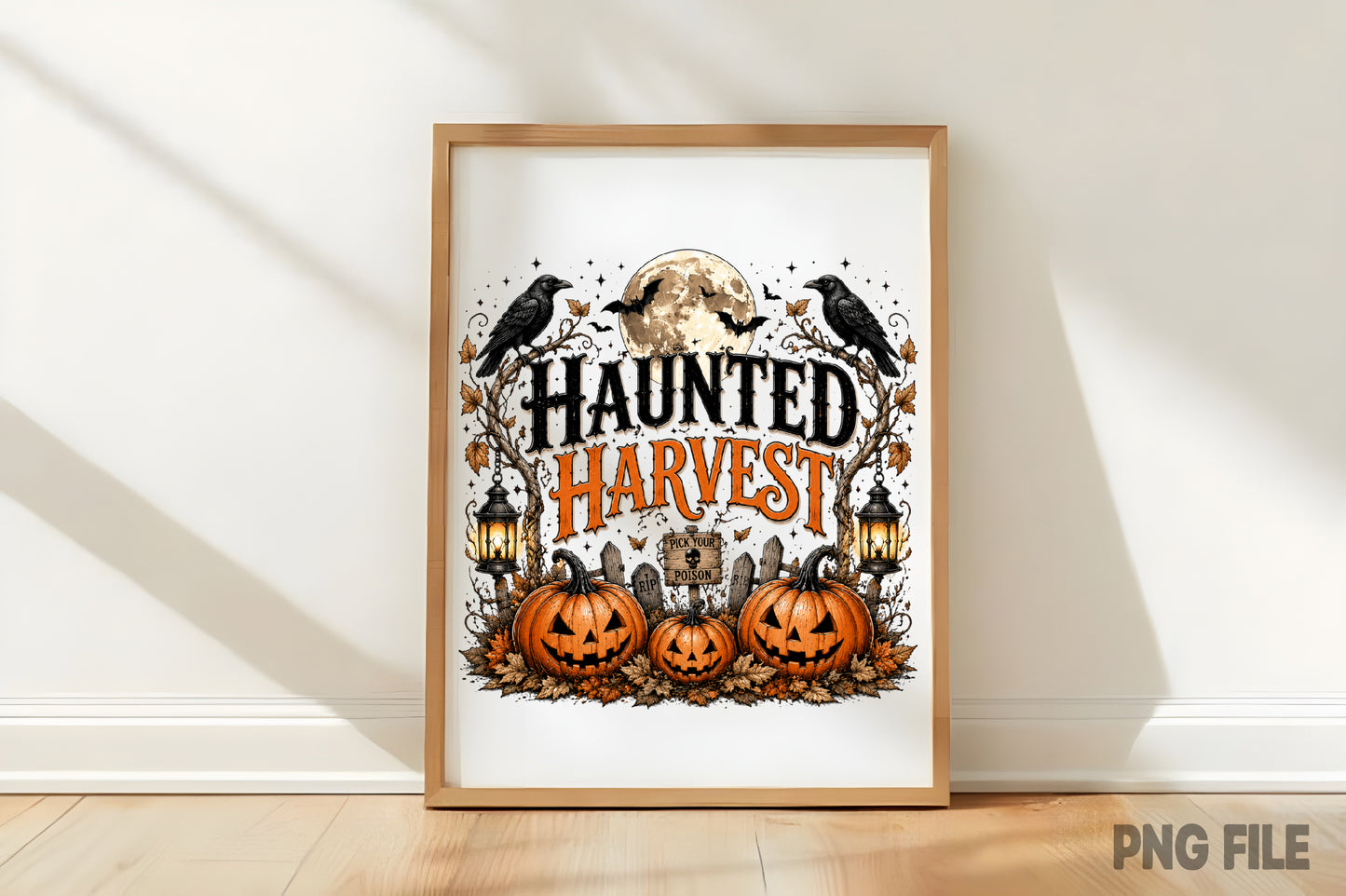 Haunted Harvest PNG | Halloween Pumpkin Crow Graveyard Sublimation Design | Spooky Fall Autumn PNG