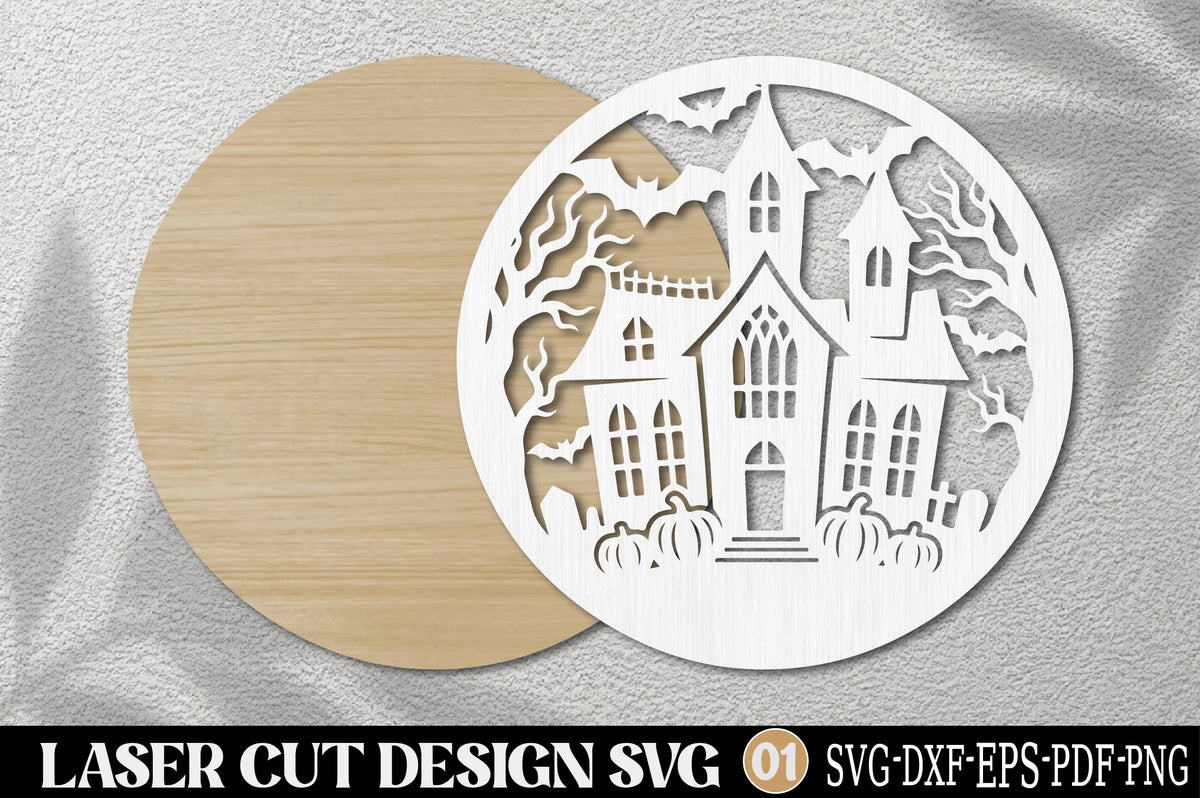 Haunted House Halloween Laser Cut SVG | Spooky Gothic Mansion Pumpkin Bat Cemetery SVG Design