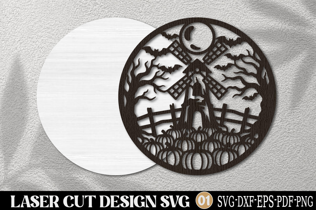 Haunted Halloween Windmill Laser Cut SVG | Spooky Pumpkin Field Gothic Night Scene SVG Design