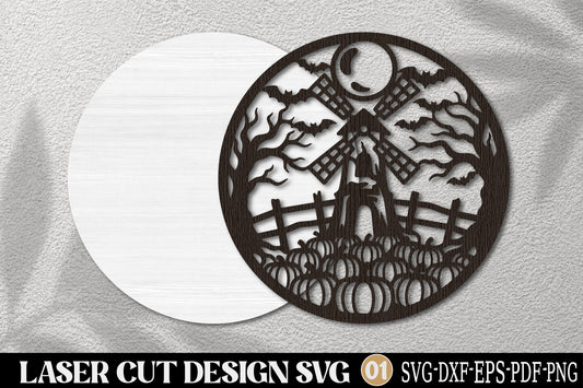 Haunted Halloween Windmill Laser Cut SVG | Spooky Pumpkin Field Gothic Night Scene SVG Design