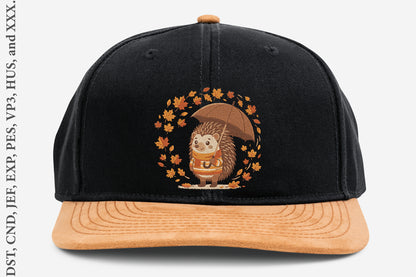 Hedgehog with Umbrella Autumn Embroidery Design – Cute Fall Hedgehog Machine Embroidery Pattern, Cozy Autumn Animal Embroidery Design