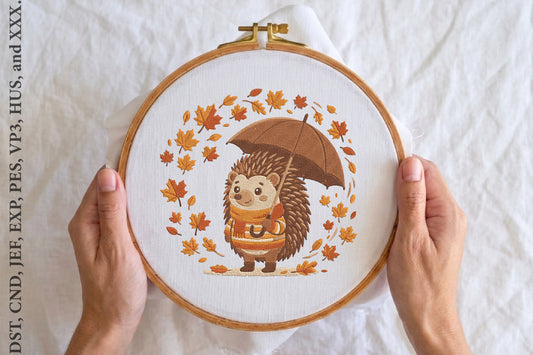 Hedgehog with Umbrella Autumn Embroidery Design – Cute Fall Hedgehog Machine Embroidery Pattern, Cozy Autumn Animal Embroidery Design