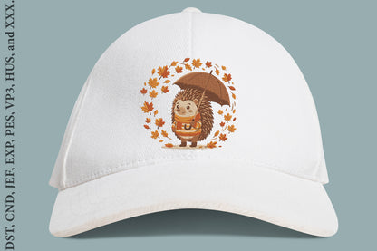 Hedgehog with Umbrella Autumn Embroidery Design – Cute Fall Hedgehog Machine Embroidery Pattern, Cozy Autumn Animal Embroidery Design