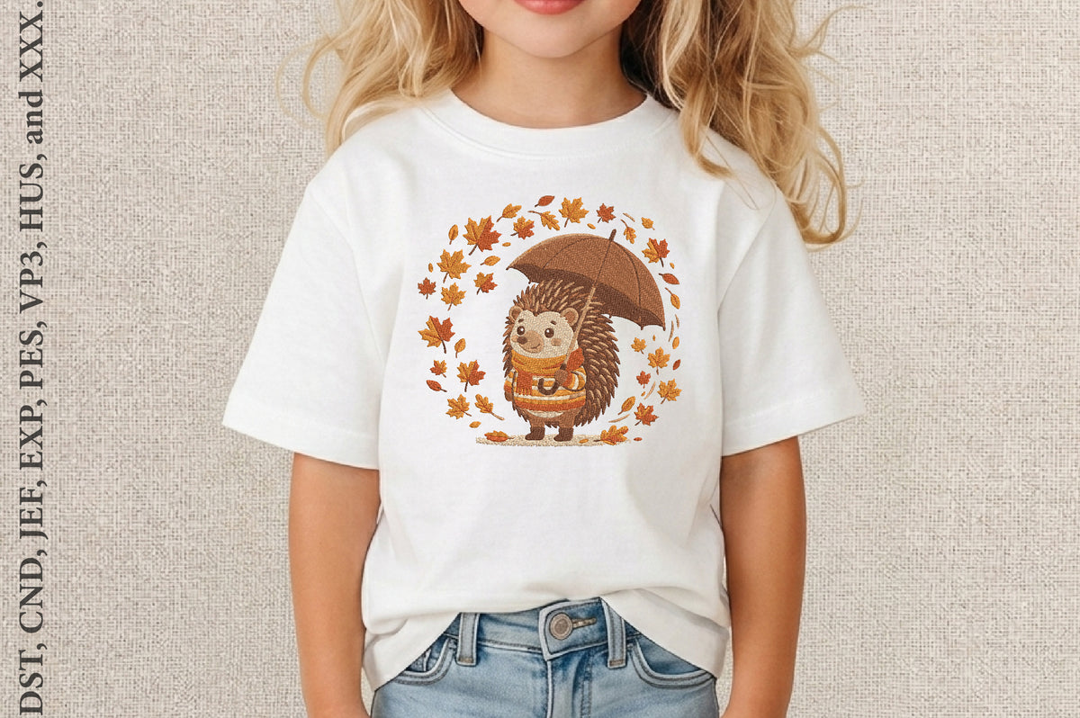 Hedgehog with Umbrella Autumn Embroidery Design – Cute Fall Hedgehog Machine Embroidery Pattern, Cozy Autumn Animal Embroidery Design