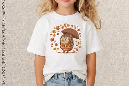 Hedgehog with Umbrella Autumn Embroidery Design – Cute Fall Hedgehog Machine Embroidery Pattern, Cozy Autumn Animal Embroidery Design