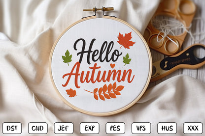 Hello Autumn Embroidery Design, Fall Autumn Machine Embroidery Pattern, Cute Autumn Leaves Script Design
