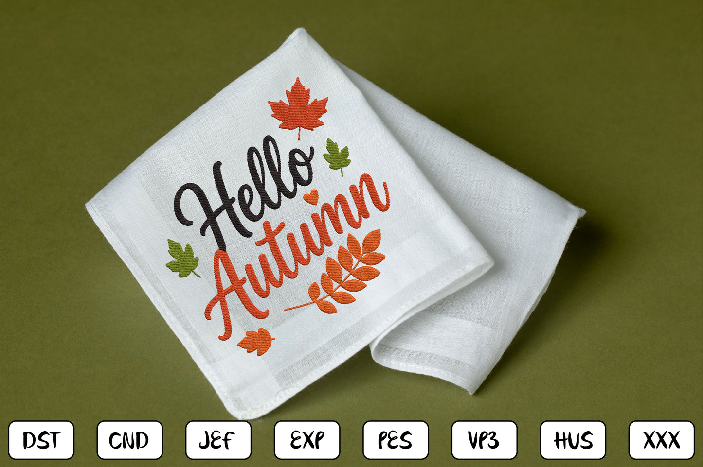 Hello Autumn Embroidery Design, Fall Autumn Machine Embroidery Pattern, Cute Autumn Leaves Script Design
