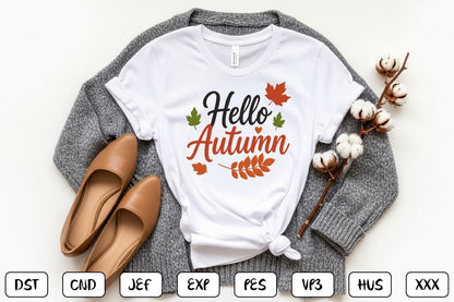 Hello Autumn Embroidery Design, Fall Autumn Machine Embroidery Pattern, Cute Autumn Leaves Script Design