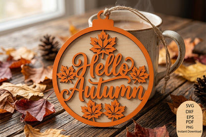 Hello Autumn Ornament Laser Cut SVG, Fall Maple Leaf Pumpkin Season Cut File