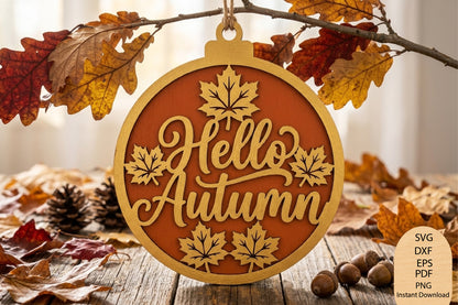 Hello Autumn Ornament Laser Cut SVG, Fall Maple Leaf Pumpkin Season Cut File