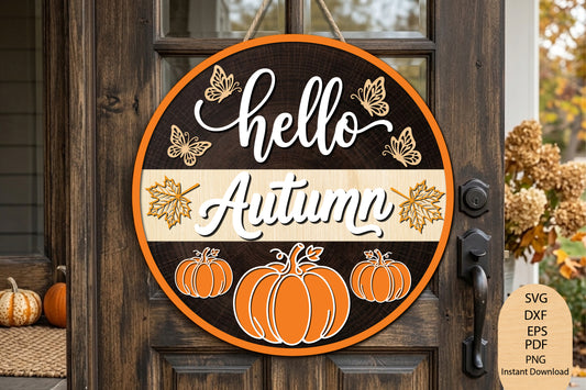 Hello Autumn Round Door Hanger SVG, Fall Pumpkin Leaf Laser Cut Door Sign