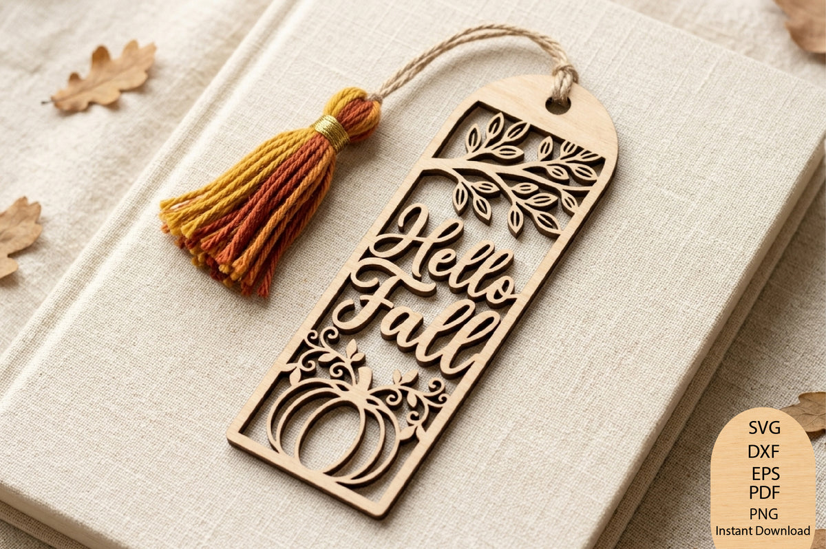 Hello Fall Bookmark Laser Cut SVG, Autumn Pumpkin Leaf Bookmark Cut File