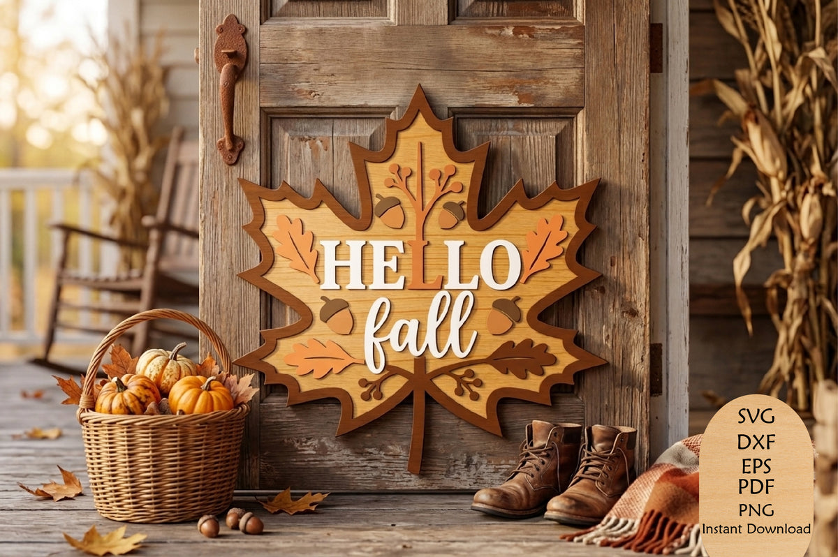 Hello Fall Maple Leaf Door Hanger Laser Cut SVG