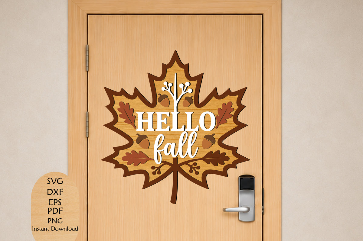 Hello Fall Maple Leaf Door Hanger Laser Cut SVG