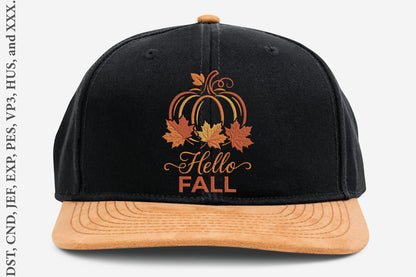 Hello Fall Pumpkin Embroidery Design – Cute Autumn Pumpkin Machine Embroidery Pattern, Fall Harvest Embroidery Design