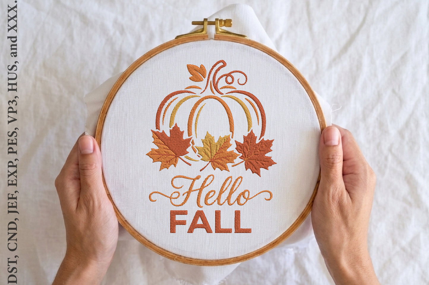 Hello Fall Pumpkin Embroidery Design – Cute Autumn Pumpkin Machine Embroidery Pattern, Fall Harvest Embroidery Design