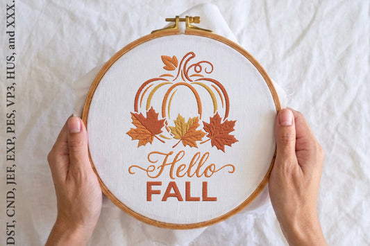 Hello Fall Pumpkin Embroidery Design – Cute Autumn Pumpkin Machine Embroidery Pattern, Fall Harvest Embroidery Design