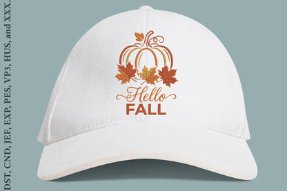 Hello Fall Pumpkin Embroidery Design – Cute Autumn Pumpkin Machine Embroidery Pattern, Fall Harvest Embroidery Design