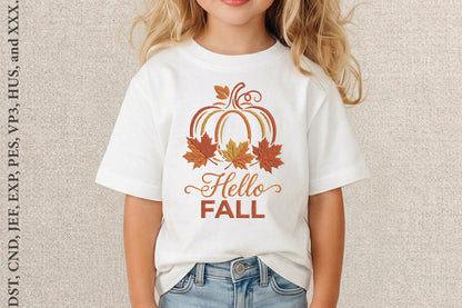 Hello Fall Pumpkin Embroidery Design – Cute Autumn Pumpkin Machine Embroidery Pattern, Fall Harvest Embroidery Design